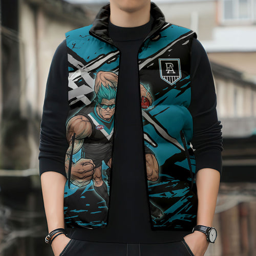 Port Adelaide Football Club Sleeveless Puffer Jacket Power Muscular Mascot Graphic - Abstract Paint Splatter Art