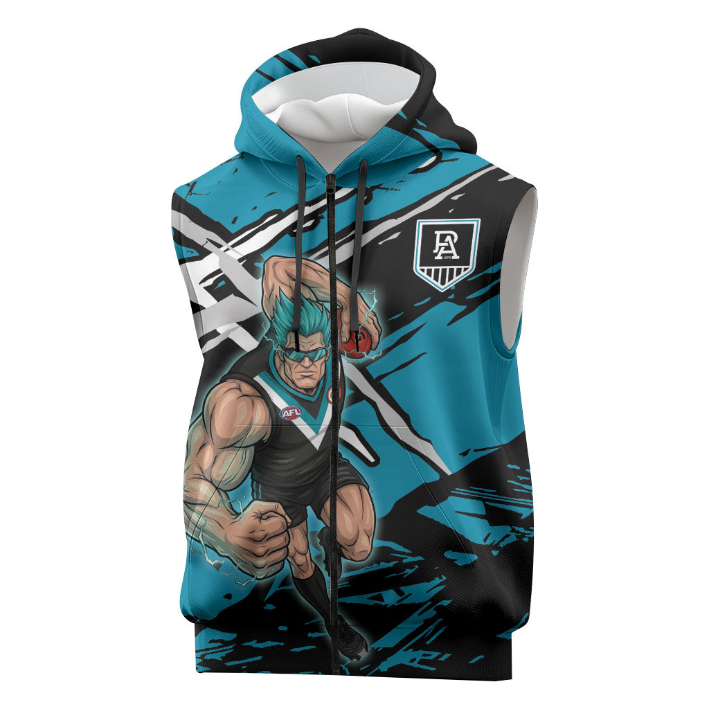 Port Adelaide Football Club Sleeveless Zip Hoodie Power Muscular Mascot Graphic - Abstract Paint Splatter Art