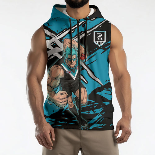 Port Adelaide Football Club Sleeveless Zip Hoodie Power Muscular Mascot Graphic - Abstract Paint Splatter Art