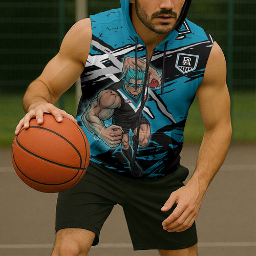 Port Adelaide Football Club Sleeveless Zip Hoodie Power Muscular Mascot Graphic - Abstract Paint Splatter Art