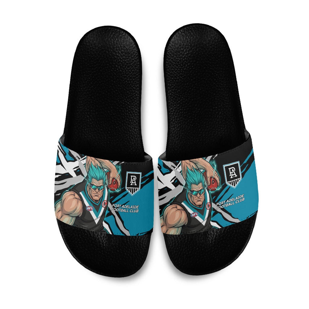 Port Adelaide Football Club Slide Sandals Power Muscular Mascot Graphic - Abstract Paint Splatter Art