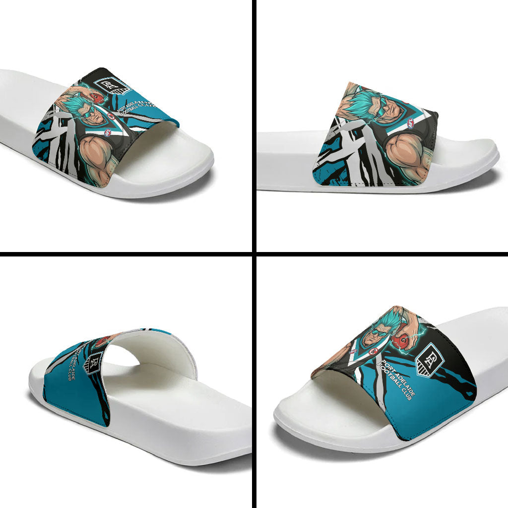 Port Adelaide Football Club Slide Sandals Power Muscular Mascot Graphic - Abstract Paint Splatter Art