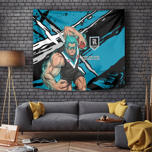 Port Adelaide Football Club Tapestry Power Muscular Mascot Graphic - Abstract Paint Splatter Art