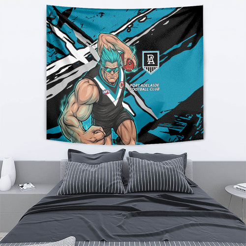 Port Adelaide Football Club Tapestry Power Muscular Mascot Graphic - Abstract Paint Splatter Art