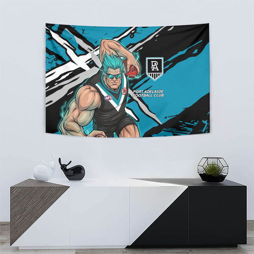 Port Adelaide Football Club Tapestry Power Muscular Mascot Graphic - Abstract Paint Splatter Art