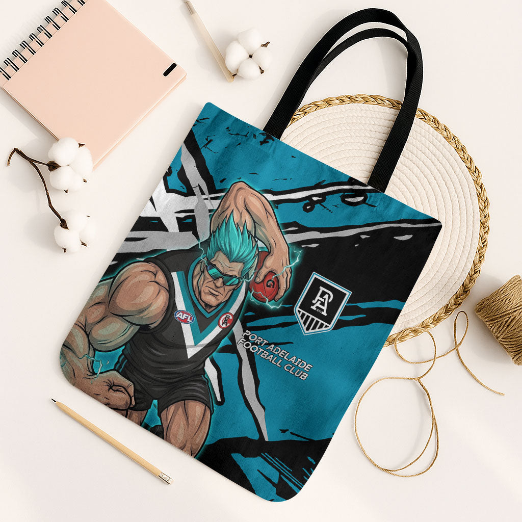 Port Adelaide Football Club Tote Bag Power Muscular Mascot Graphic - Abstract Paint Splatter Art