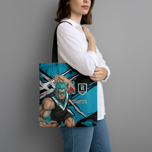 Port Adelaide Football Club Tote Bag Power Muscular Mascot Graphic - Abstract Paint Splatter Art