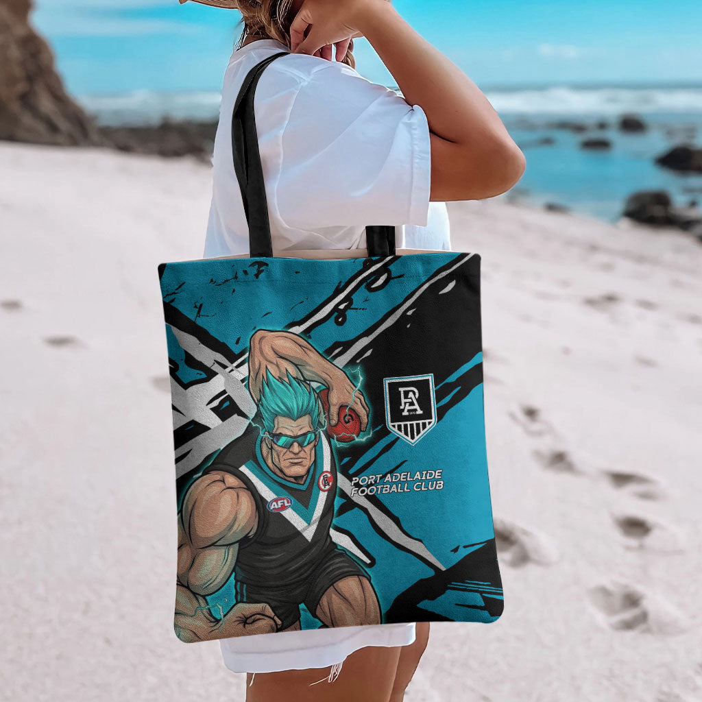 Port Adelaide Football Club Tote Bag Power Muscular Mascot Graphic - Abstract Paint Splatter Art