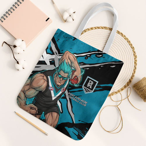 Port Adelaide Football Club Tote Bag Power Muscular Mascot Graphic - Abstract Paint Splatter Art