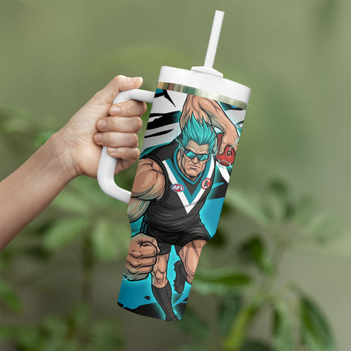 Port Adelaide Football Club Tumbler With Handle Power Muscular Mascot Graphic - Abstract Paint Splatter Art