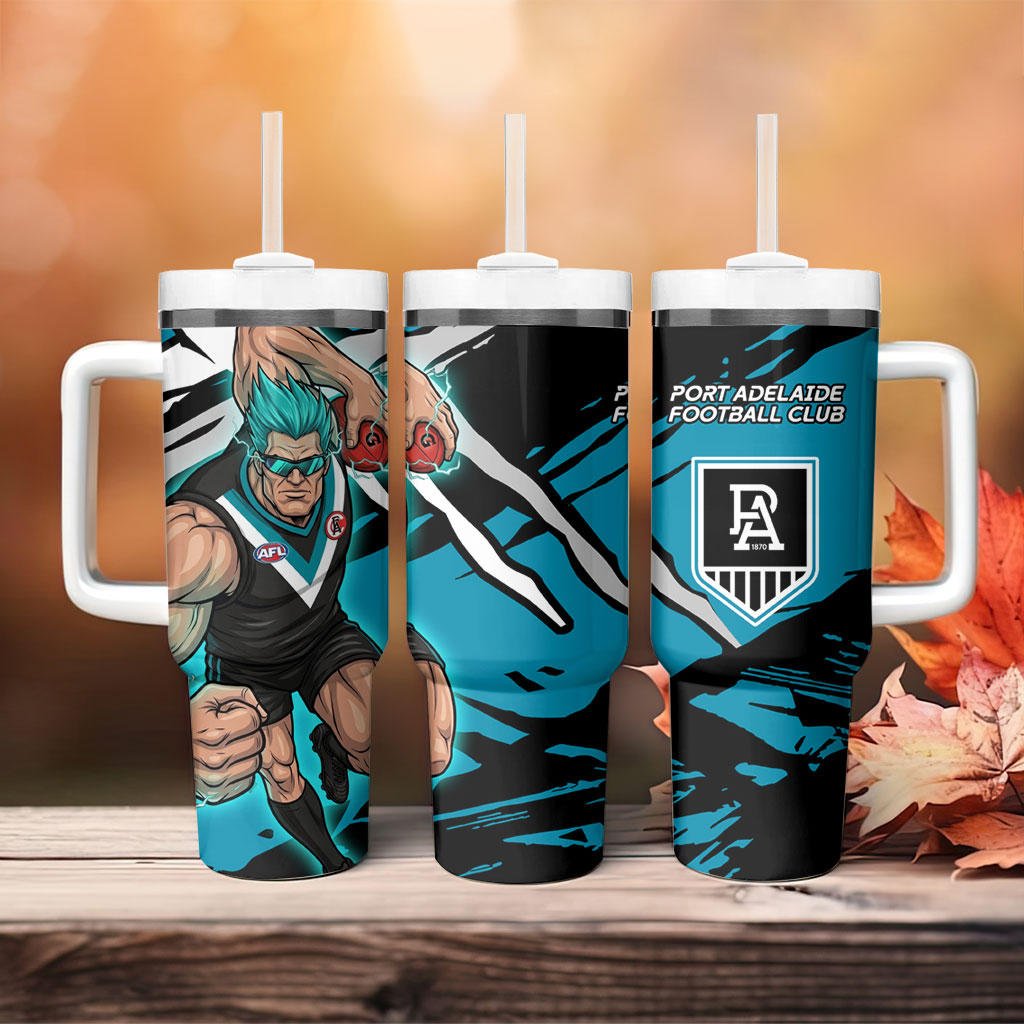 Port Adelaide Football Club Tumbler With Handle Power Muscular Mascot Graphic - Abstract Paint Splatter Art