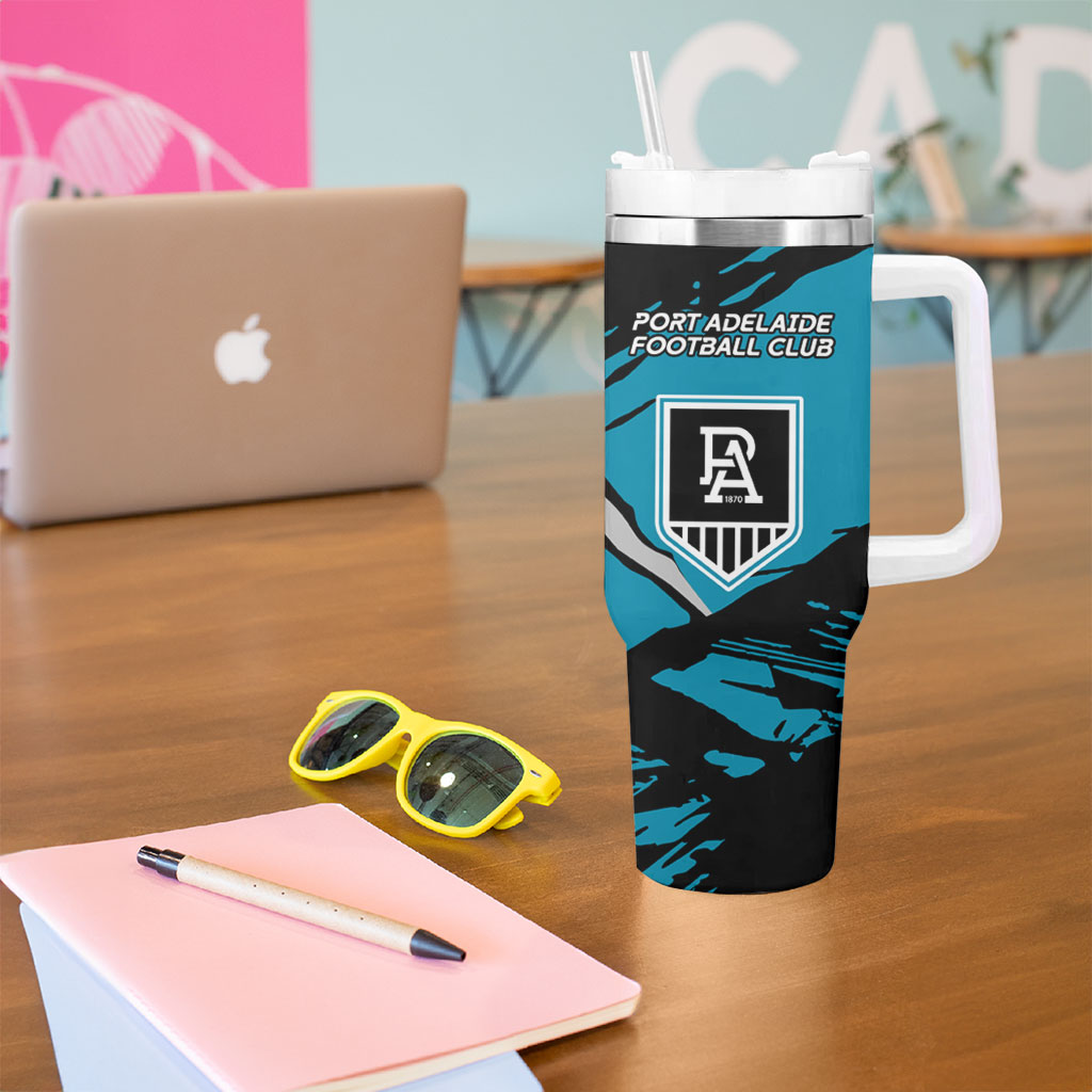 Port Adelaide Football Club Tumbler With Handle Power Muscular Mascot Graphic - Abstract Paint Splatter Art