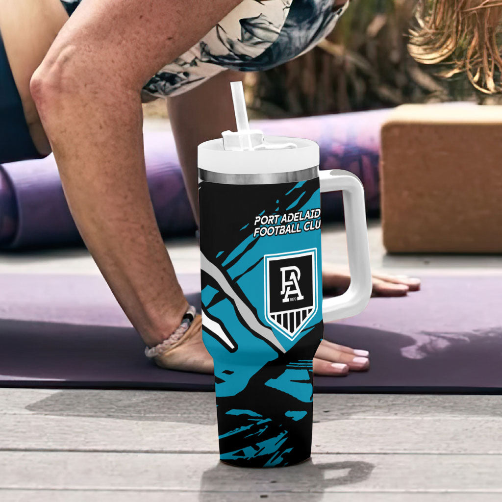 Port Adelaide Football Club Tumbler With Handle Power Muscular Mascot Graphic - Abstract Paint Splatter Art