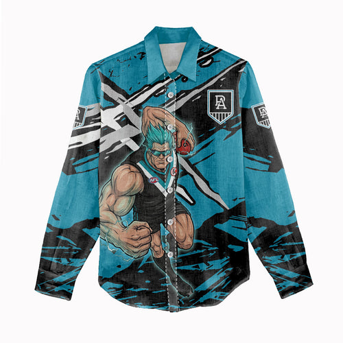 Port Adelaide Football Club Women Casual Shirt Power Muscular Mascot Graphic - Abstract Paint Splatter Art