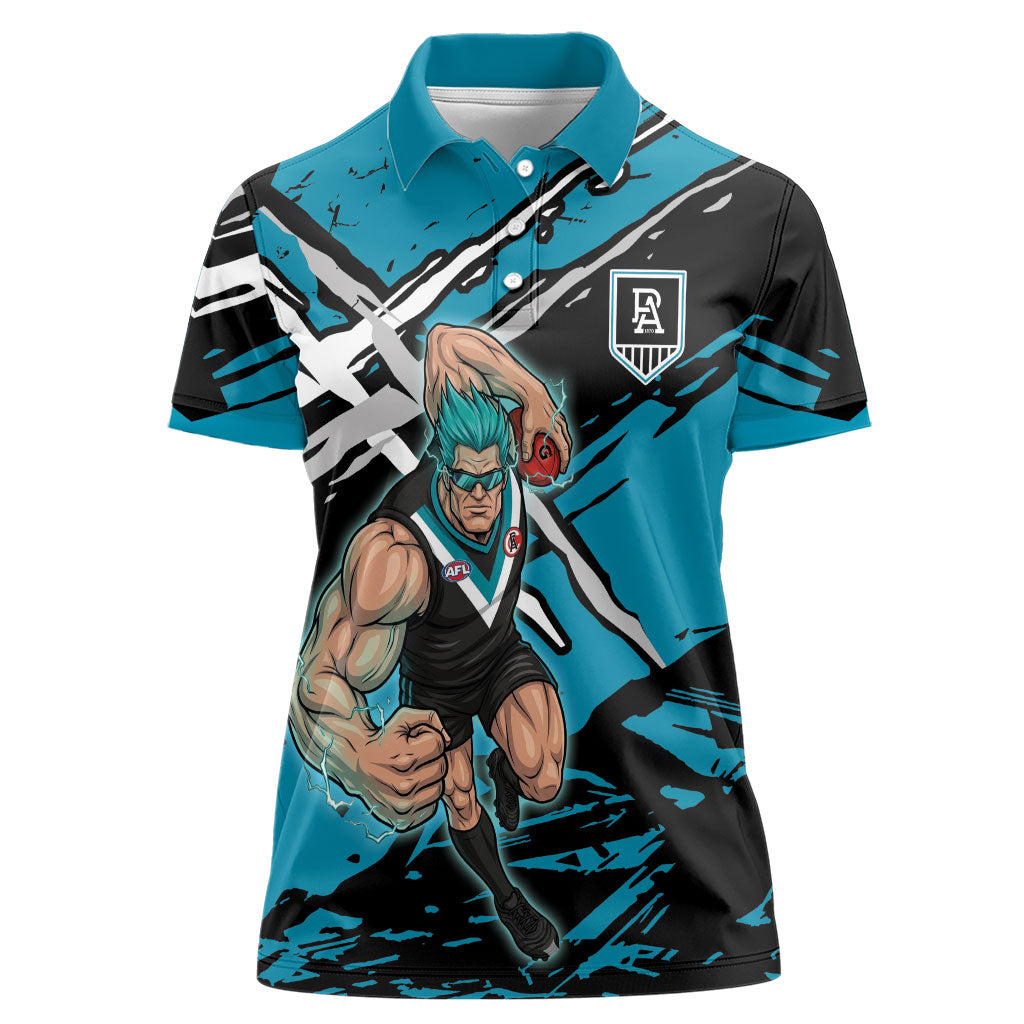 Port Adelaide Football Club Women Polo Shirt Power Muscular Mascot Graphic - Abstract Paint Splatter Art