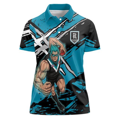 Port Adelaide Football Club Women Polo Shirt Power Muscular Mascot Graphic - Abstract Paint Splatter Art