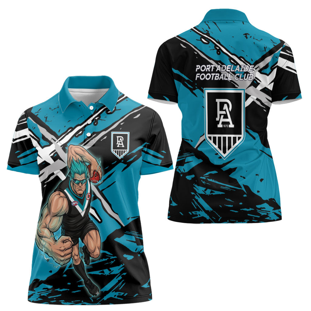 Port Adelaide Football Club Women Polo Shirt Power Muscular Mascot Graphic - Abstract Paint Splatter Art