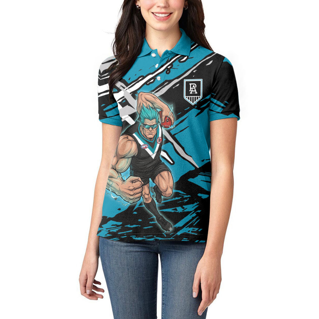 Port Adelaide Football Club Women Polo Shirt Power Muscular Mascot Graphic - Abstract Paint Splatter Art
