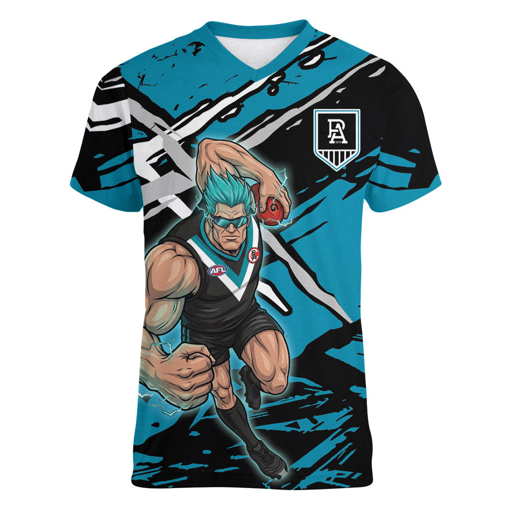 Port Adelaide Football Club Women V-Neck T-Shirt Power Muscular Mascot Graphic - Abstract Paint Splatter Art