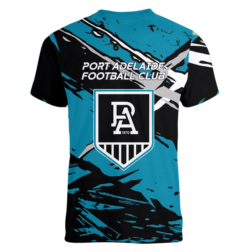 Port Adelaide Football Club Women V-Neck T-Shirt Power Muscular Mascot Graphic - Abstract Paint Splatter Art