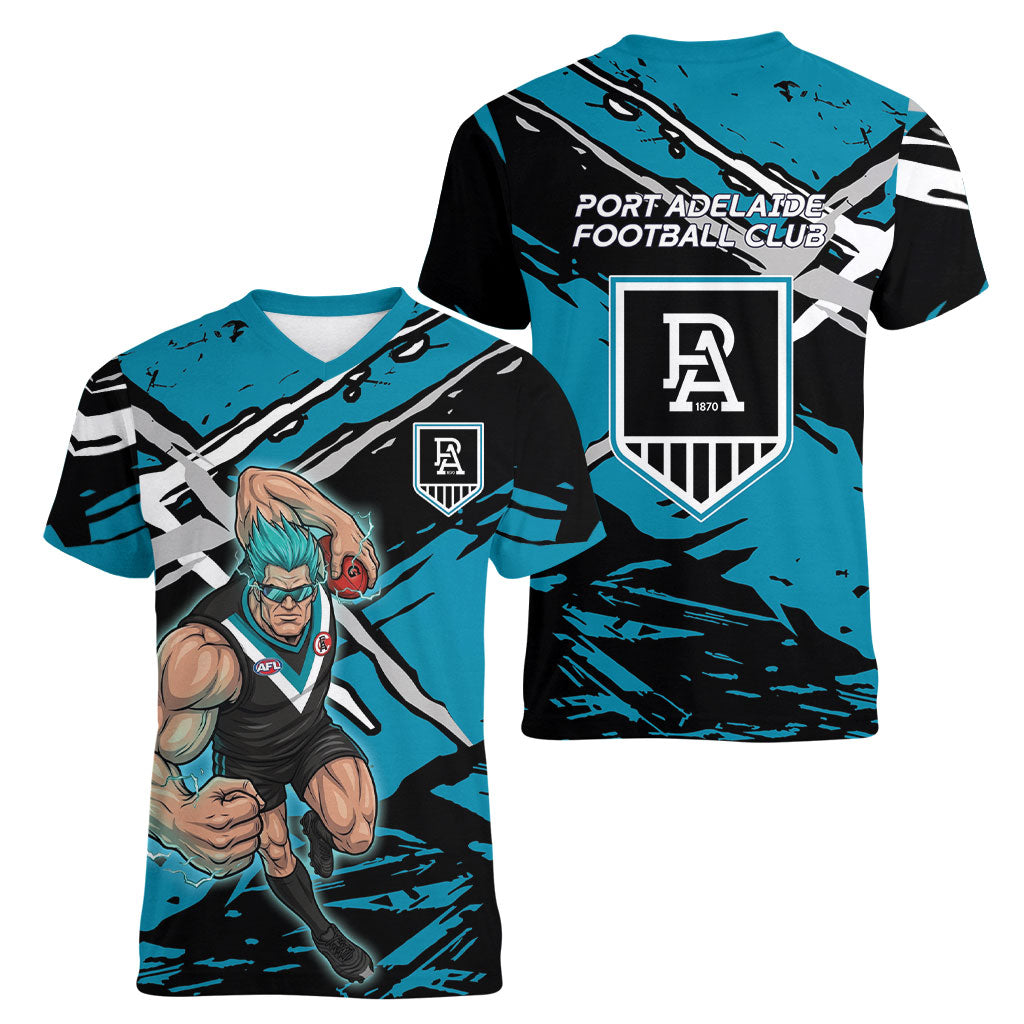 Port Adelaide Football Club Women V-Neck T-Shirt Power Muscular Mascot Graphic - Abstract Paint Splatter Art