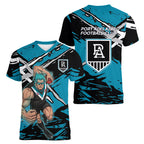Port Adelaide Football Club Women V-Neck T-Shirt Power Muscular Mascot Graphic - Abstract Paint Splatter Art