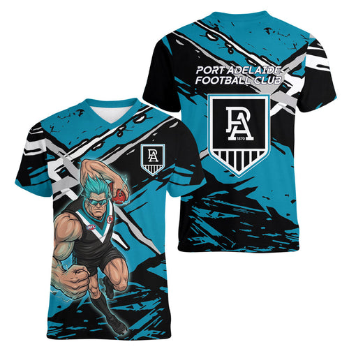 Port Adelaide Football Club Women V-Neck T-Shirt Power Muscular Mascot Graphic - Abstract Paint Splatter Art