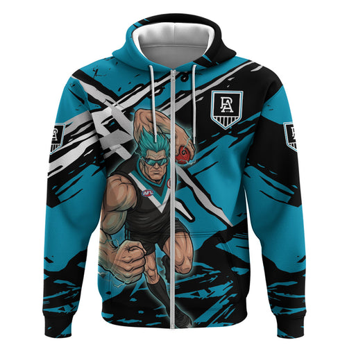 Port Adelaide Football Club Zip Hoodie Power Muscular Mascot Graphic - Abstract Paint Splatter Art