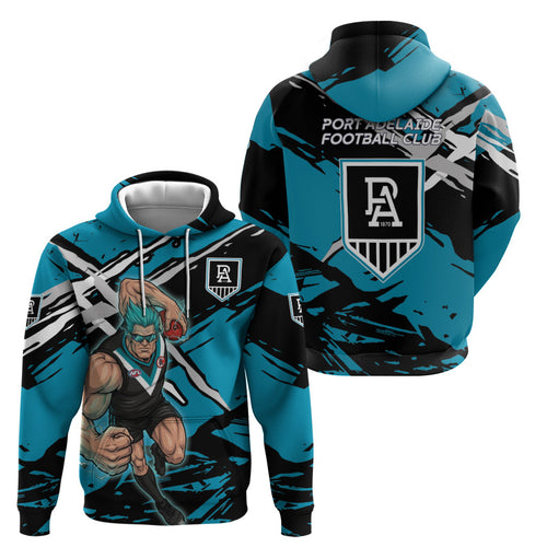 Port Adelaide Football Club Zip Hoodie Power Muscular Mascot Graphic - Abstract Paint Splatter Art