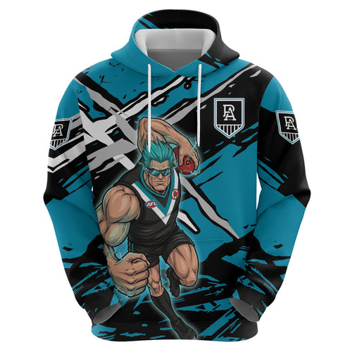 Port Adelaide Football Club Zip Hoodie Power Muscular Mascot Graphic - Abstract Paint Splatter Art