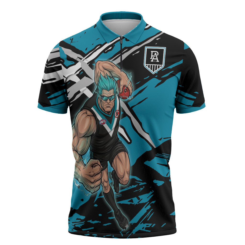 Port Adelaide Football Club Zipper Polo Shirt Power Muscular Mascot Graphic - Abstract Paint Splatter Art