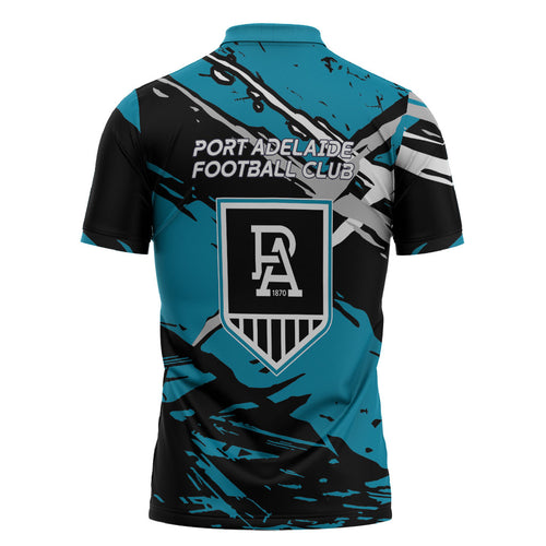 Port Adelaide Football Club Zipper Polo Shirt Power Muscular Mascot Graphic - Abstract Paint Splatter Art