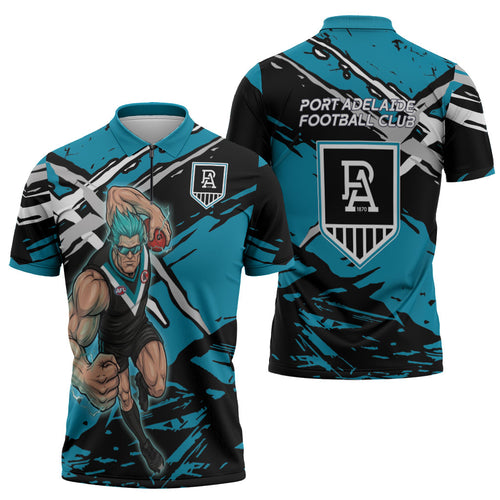Port Adelaide Football Club Zipper Polo Shirt Power Muscular Mascot Graphic - Abstract Paint Splatter Art