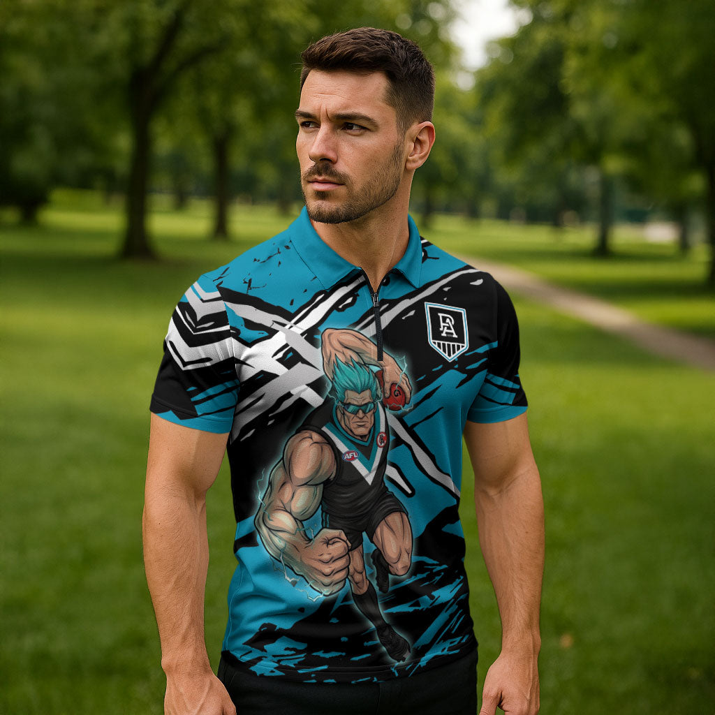 Port Adelaide Football Club Zipper Polo Shirt Power Muscular Mascot Graphic - Abstract Paint Splatter Art