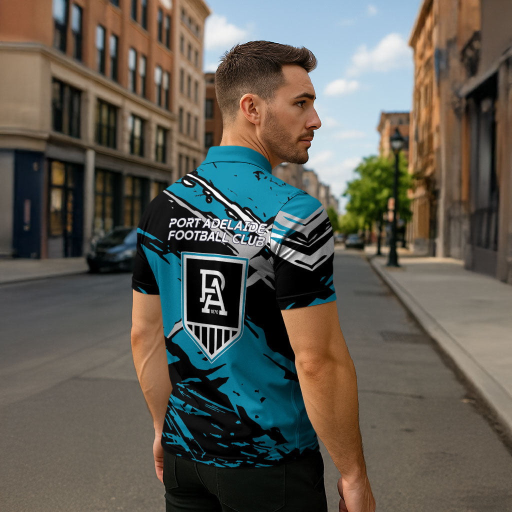 Port Adelaide Football Club Zipper Polo Shirt Power Muscular Mascot Graphic - Abstract Paint Splatter Art