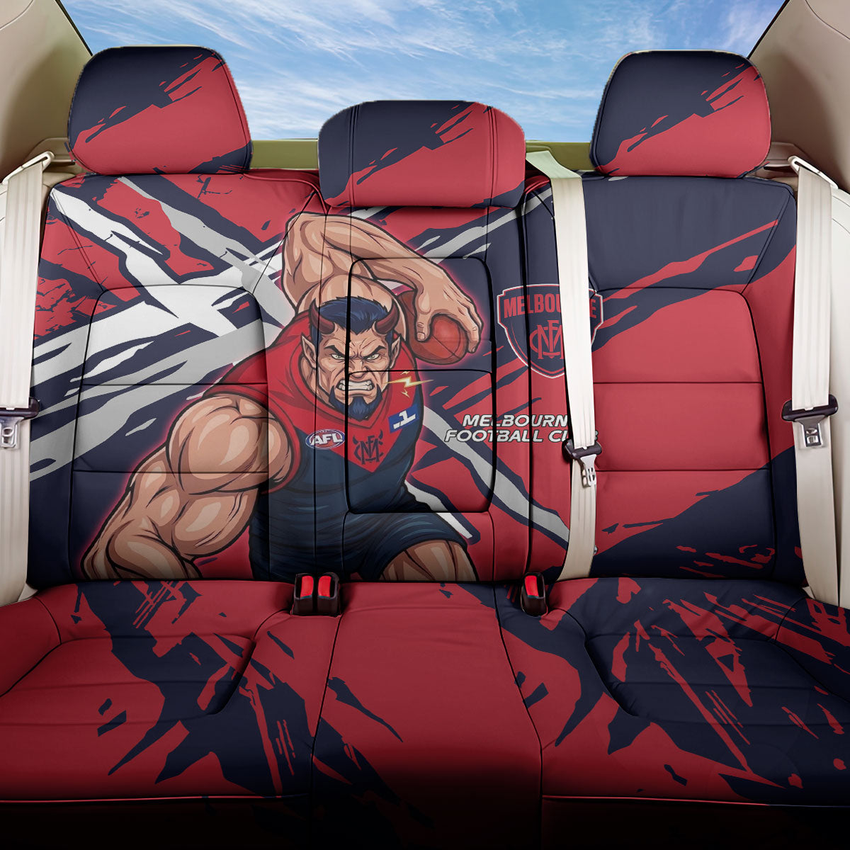Melbourne Football Club Back Car Seat Cover Demons Muscular Mascot Graphic - Abstract Paint Splatter Art