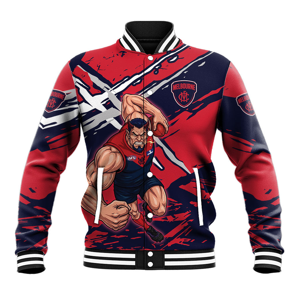 Melbourne Football Club Baseball Jacket Demons Muscular Mascot Graphic - Abstract Paint Splatter Art