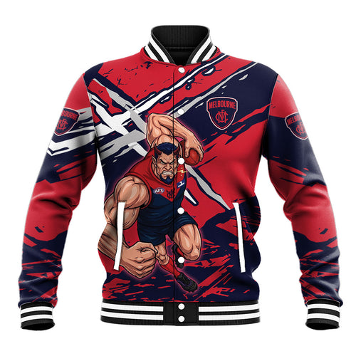 Melbourne Football Club Baseball Jacket Demons Muscular Mascot Graphic - Abstract Paint Splatter Art