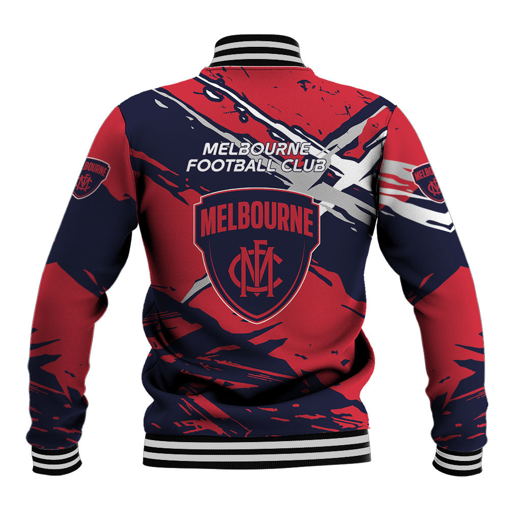 Melbourne Football Club Baseball Jacket Demons Muscular Mascot Graphic - Abstract Paint Splatter Art