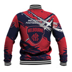 Melbourne Football Club Baseball Jacket Demons Muscular Mascot Graphic - Abstract Paint Splatter Art
