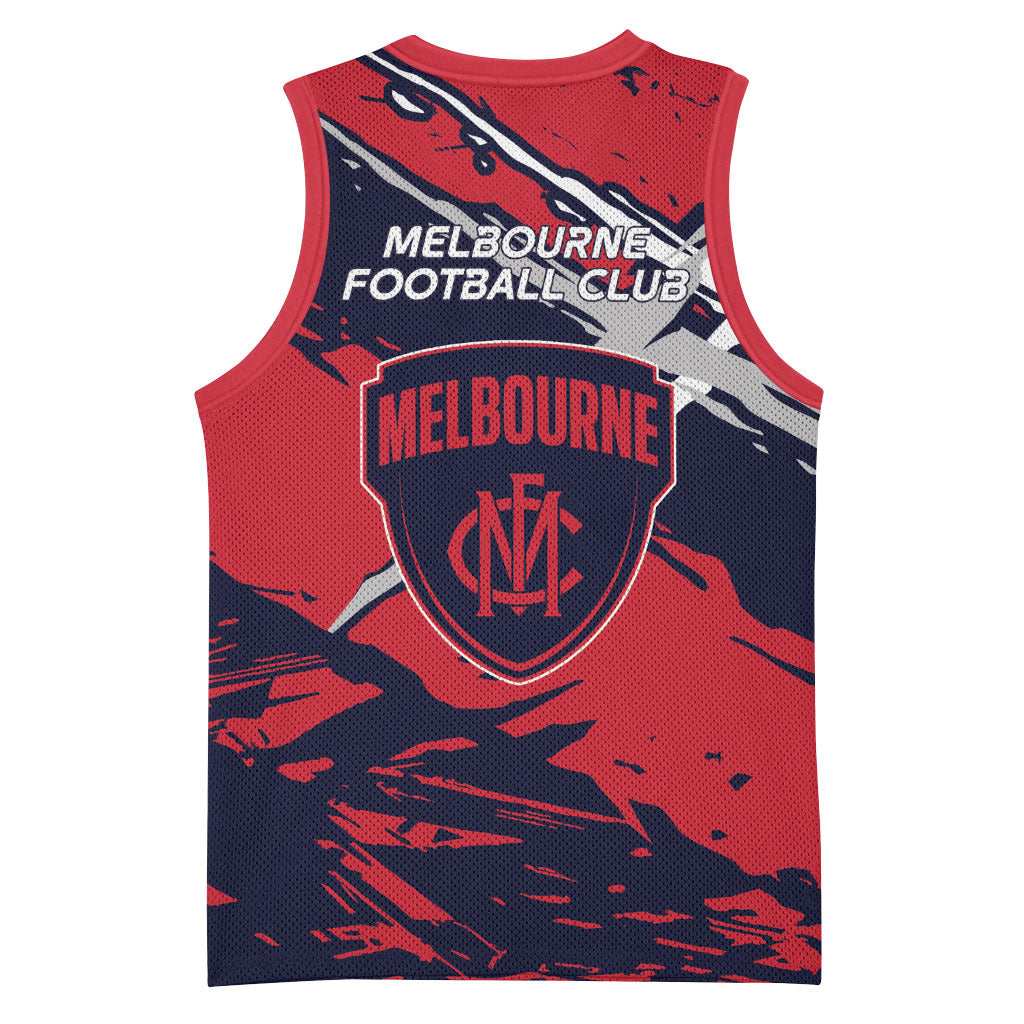 Melbourne Football Club Basketball Jersey Demons Muscular Mascot Graphic - Abstract Paint Splatter Art
