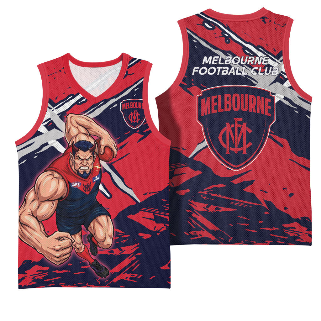 Melbourne Football Club Basketball Jersey Demons Muscular Mascot Graphic - Abstract Paint Splatter Art