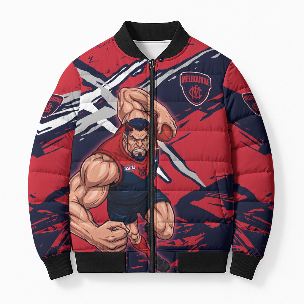 Melbourne Football Club Bomber Puffer Jacket Demons Muscular Mascot Graphic - Abstract Paint Splatter Art