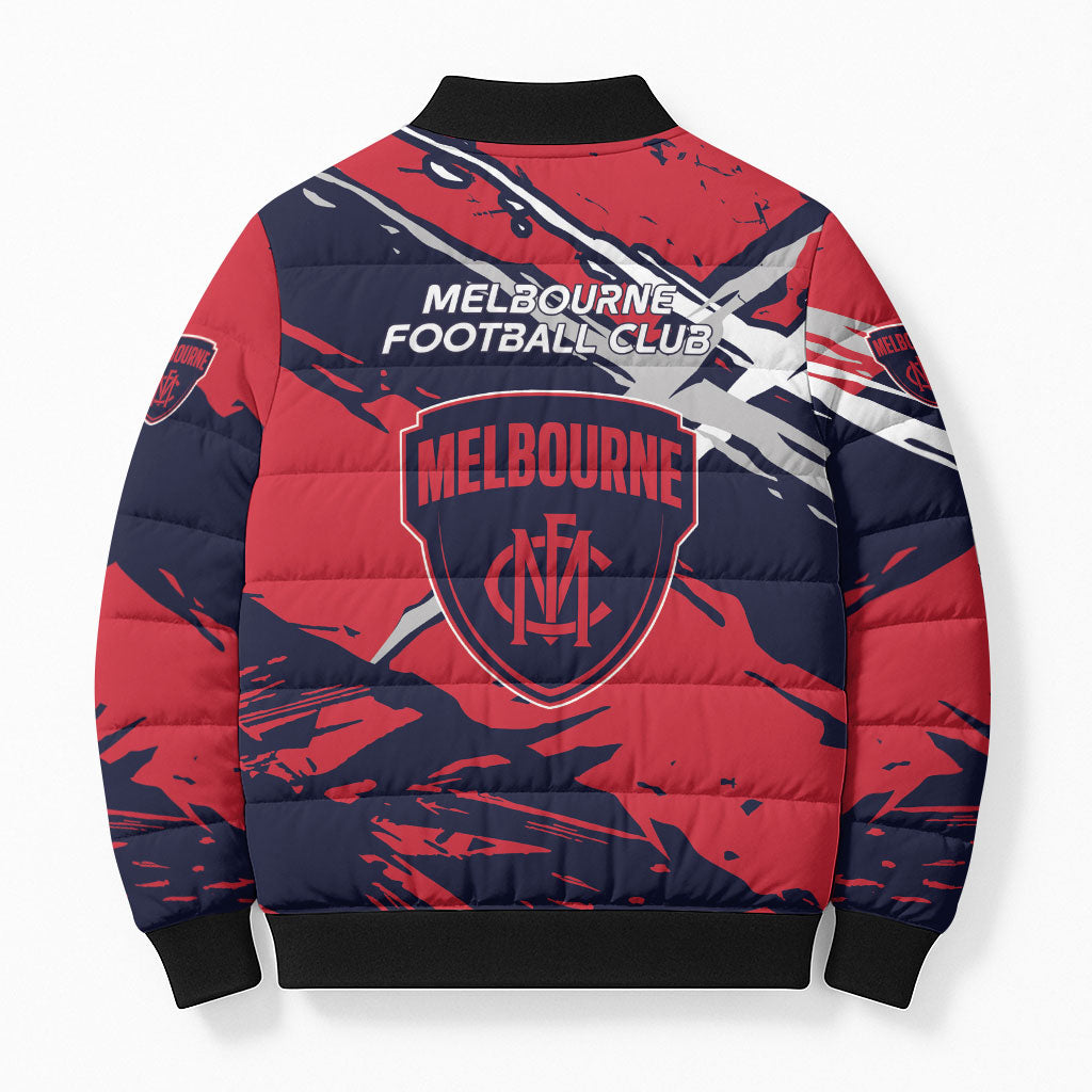Melbourne Football Club Bomber Puffer Jacket Demons Muscular Mascot Graphic - Abstract Paint Splatter Art