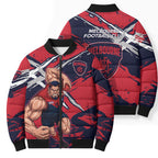 Melbourne Football Club Bomber Puffer Jacket Demons Muscular Mascot Graphic - Abstract Paint Splatter Art