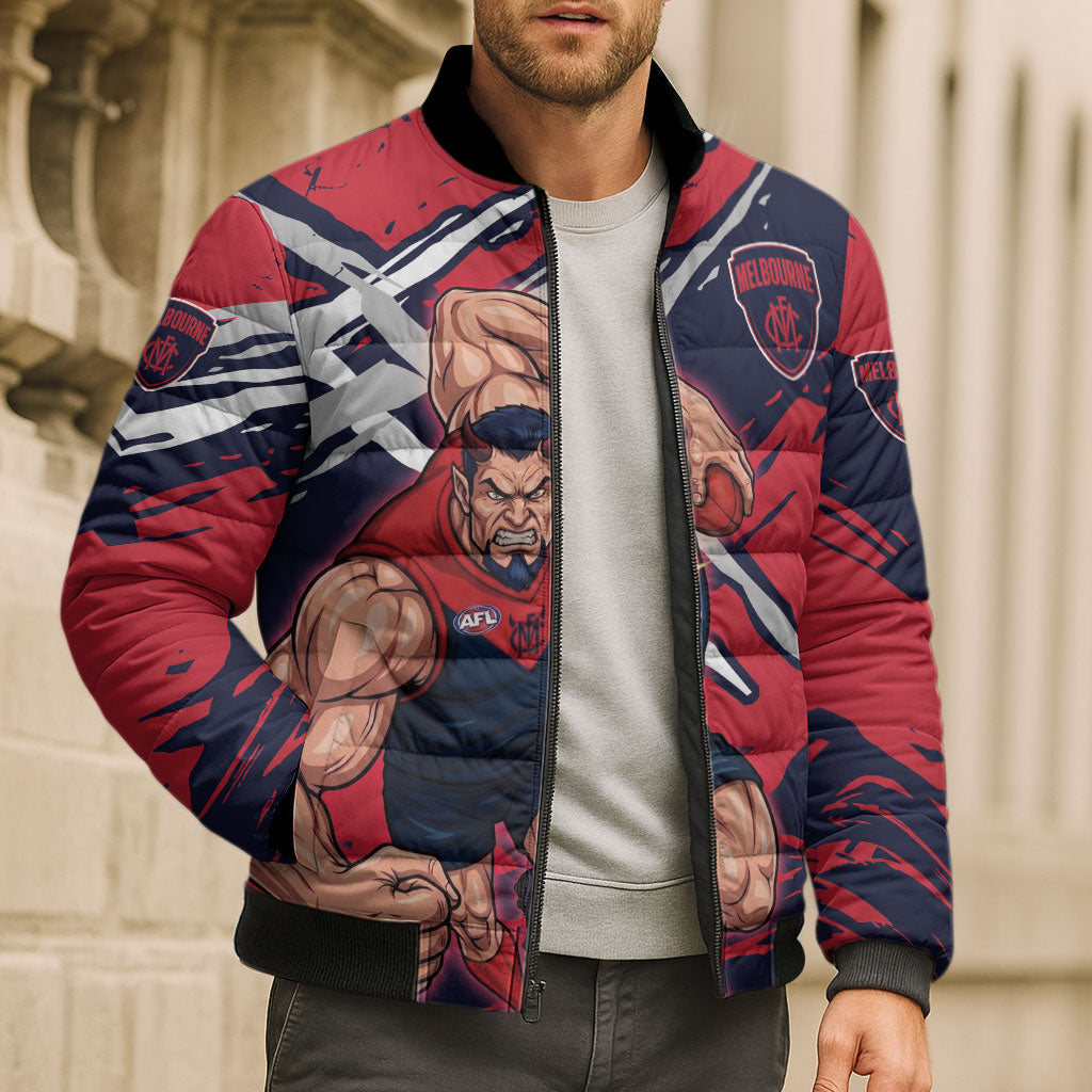 Melbourne Football Club Bomber Puffer Jacket Demons Muscular Mascot Graphic - Abstract Paint Splatter Art