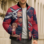 Melbourne Football Club Bomber Puffer Jacket Demons Muscular Mascot Graphic - Abstract Paint Splatter Art