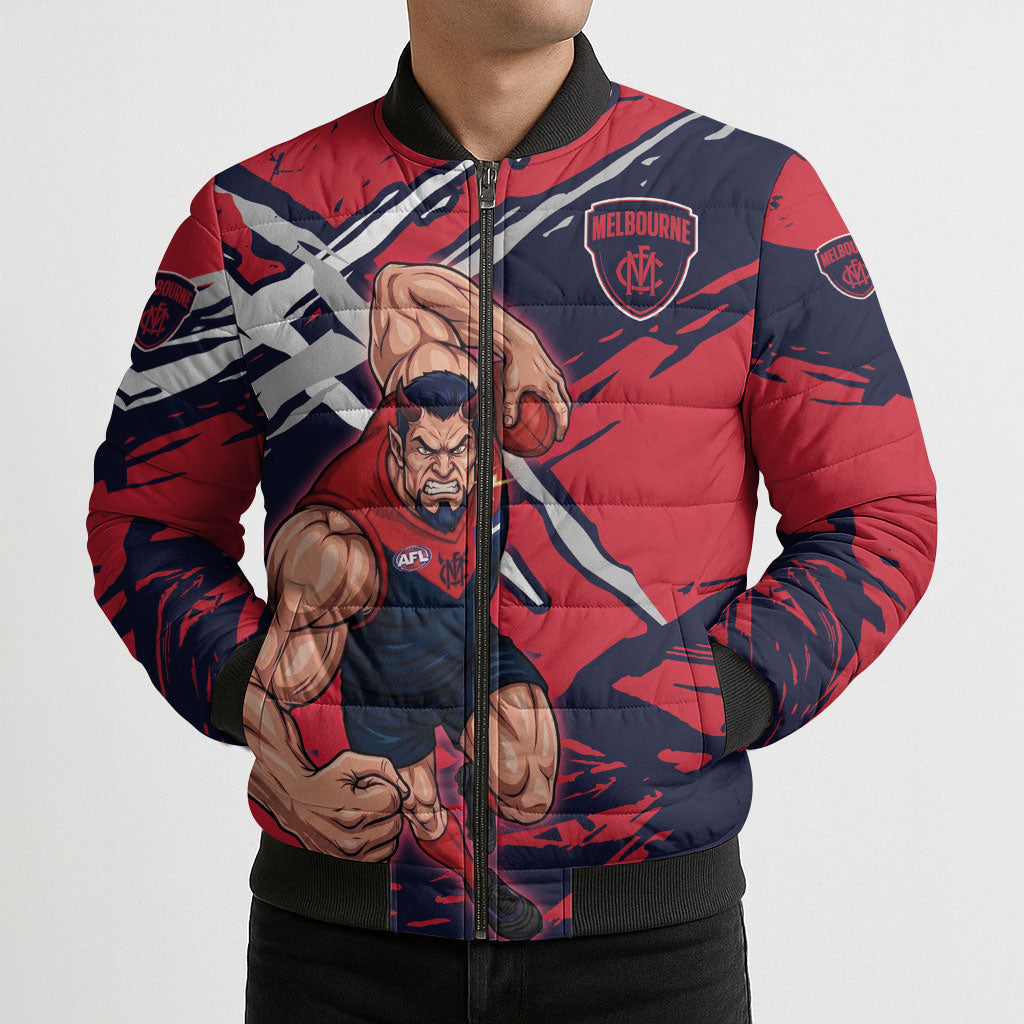 Melbourne Football Club Bomber Puffer Jacket Demons Muscular Mascot Graphic - Abstract Paint Splatter Art