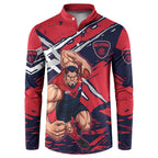 Melbourne Football Club Button Sweatshirt Demons Muscular Mascot Graphic - Abstract Paint Splatter Art