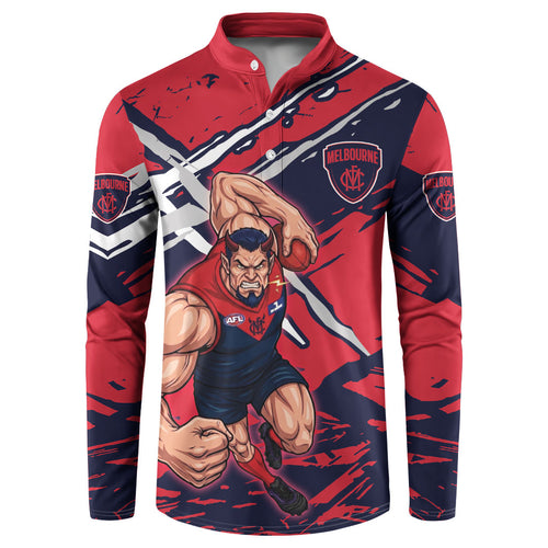 Melbourne Football Club Button Sweatshirt Demons Muscular Mascot Graphic - Abstract Paint Splatter Art